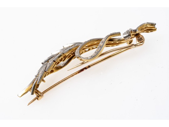 Platinum Topped And 14k Antique Diamond Wheat And Bow Motif Brooch, App. 1.42 TCW