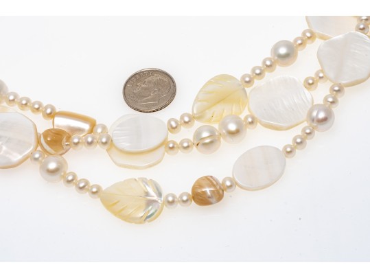 Pretty Triple Strand Mother-of-pearl And Cultured Freshwater Pearl Strand