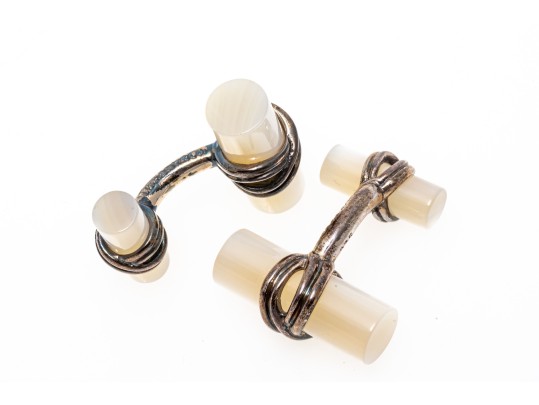 Tiffany & Co. Handsome Sterling Silver And Mother-of-pearl Cufflinks, Boxed