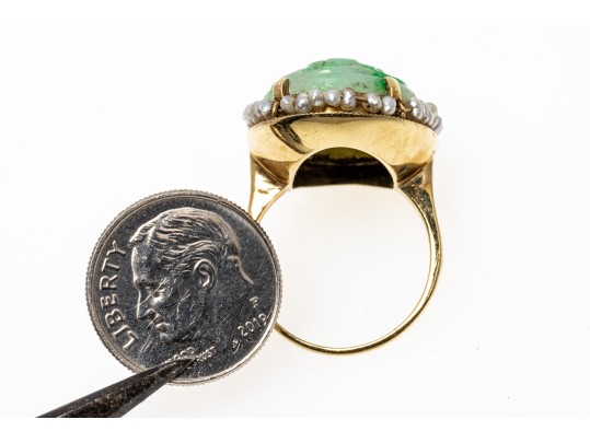 14k Gold Beautiful Vintage Pierced Green Jadeite Jade And Seed Pearl Ring, Size 6