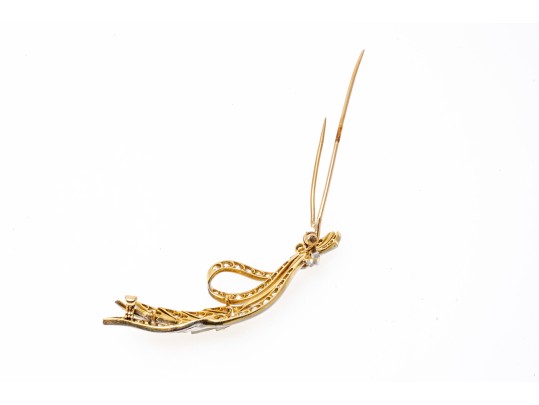 Platinum Topped And 14k Antique Diamond Wheat And Bow Motif Brooch, App. 1.42 TCW