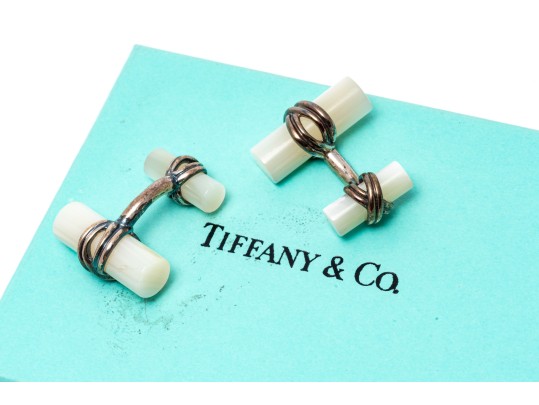 Tiffany & Co. Handsome Sterling Silver And Mother-of-pearl Cufflinks, Boxed