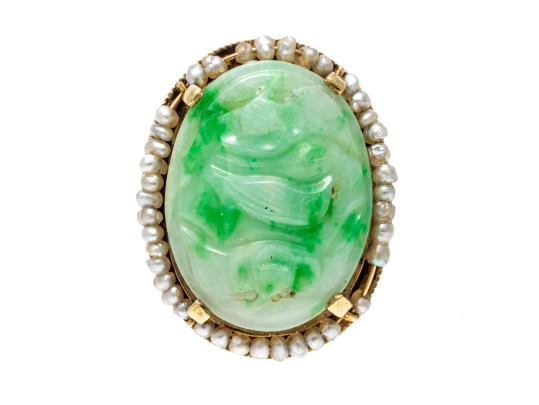 14k Gold Beautiful Vintage Pierced Green Jadeite Jade And Seed Pearl Ring, Size 6