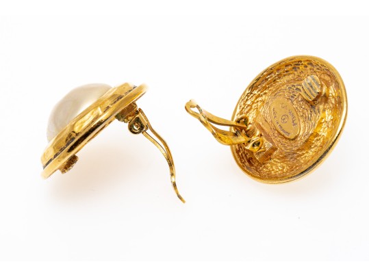 Chanel Striking Vintage Faux Mabe Pearl Costume Jewelry Earrings, With Box