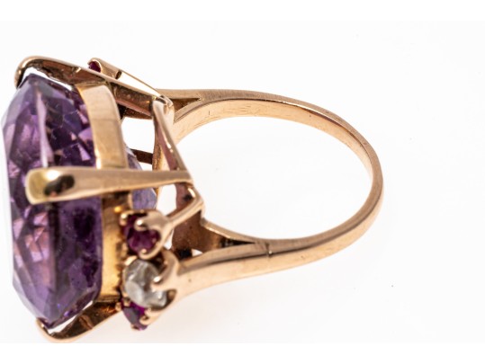 14k Yellow Gold Impactful Large Purple Amethyst, Diamond And Ruby Ring, Size 5.75