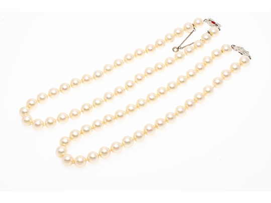 Majorica Pair Of 9.25 Mm Faux Pearl Choker Necklaces With Decorative Clasps