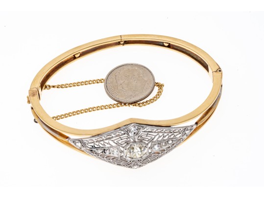 14k Gold Beautiful Diamond Filigree Hinged Bangle Bracelet, App. 1.35 TCW