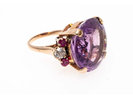 14k Yellow Gold Impactful Large Purple Amethyst, Diamond And Ruby Ring, Size 5.75