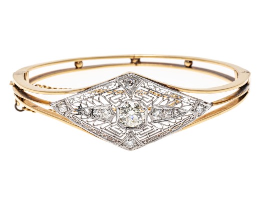 14k Gold Beautiful Diamond Filigree Hinged Bangle Bracelet, App. 1.35 TCW