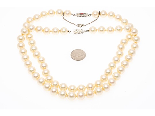 Majorica Pair Of 9.25 Mm Faux Pearl Choker Necklaces With Decorative Clasps