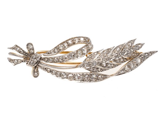 Platinum Topped And 14k Antique Diamond Wheat And Bow Motif Brooch, App. 1.42 TCW