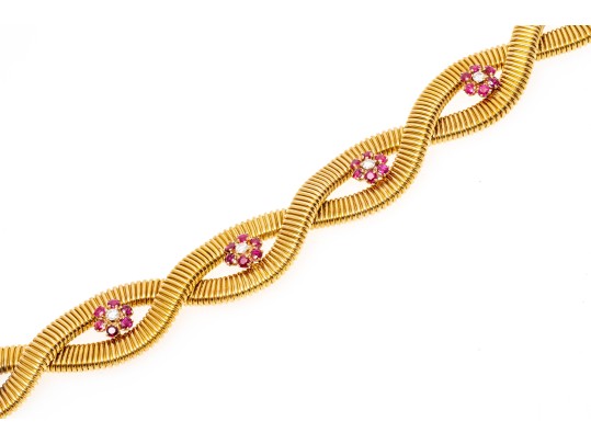 14k Magnificent Wide Heavy Vintage Snake Chain, Ruby And Diamond Cluster Choker