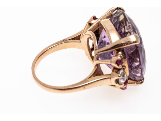 14k Yellow Gold Impactful Large Purple Amethyst, Diamond And Ruby Ring, Size 5.75