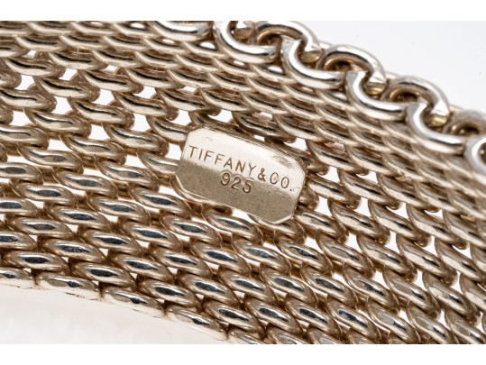 Tiffany & Co. Sterling Silver Striking Wide Bombe Mesh Slip On Bangle Bracelet, With Felt
