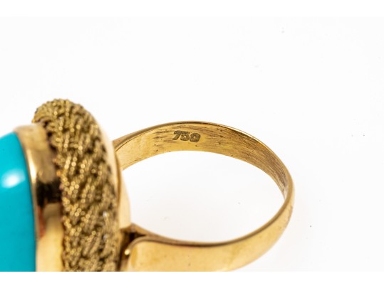 18k Yellow Gold Beautiful Vintage Oval Cabachon Turquoise Ring, Braided Edge, Size 6