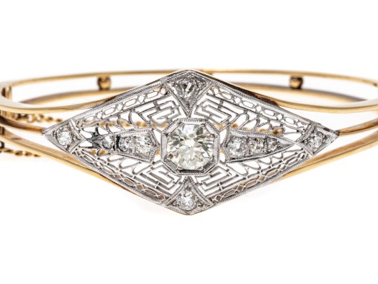 14k Gold Beautiful Diamond Filigree Hinged Bangle Bracelet, App. 1.35 TCW