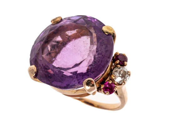 14k Yellow Gold Impactful Large Purple Amethyst, Diamond And Ruby Ring, Size 5.75