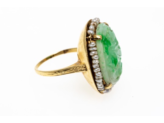 14k Gold Beautiful Vintage Pierced Green Jadeite Jade And Seed Pearl Ring, Size 6