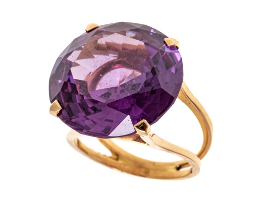 18k Yellow Gold Striking Large Vintage Synthetic Purple Sapphire Ring, Size 5.75