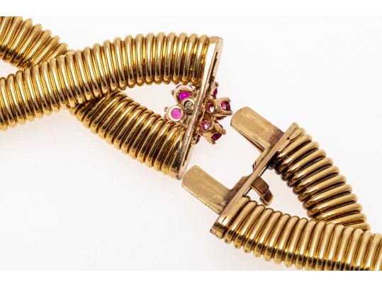 14k Magnificent Wide Heavy Vintage Snake Chain, Ruby And Diamond Cluster Choker