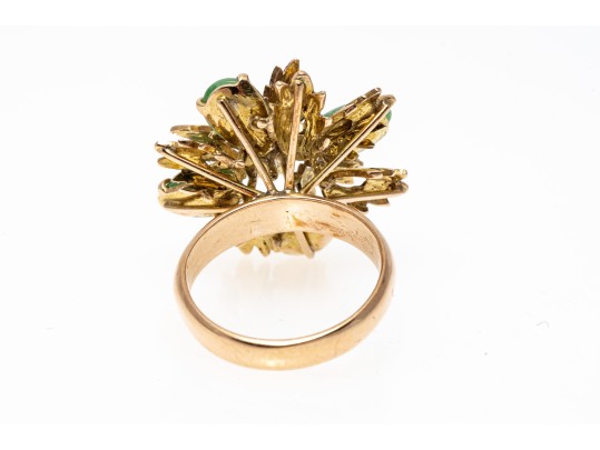 18k Yellow Gold Handsome Nephrite Jade And Foliate Cluster Ring, Size 6