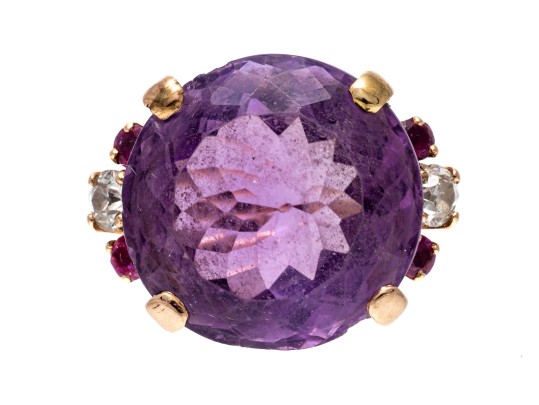 14k Yellow Gold Impactful Large Purple Amethyst, Diamond And Ruby Ring, Size 5.75