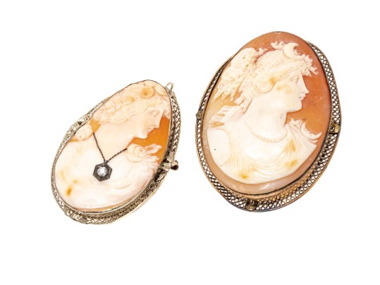 14k White And Yellow Gold Lot Of Two Large Vintage Cameo Brooches, One Diamond Set
