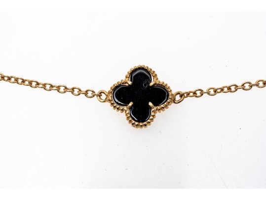 Sterling Silver Vermeil And Black Onyx Quadrefoil Form Opera Length Station Necklace