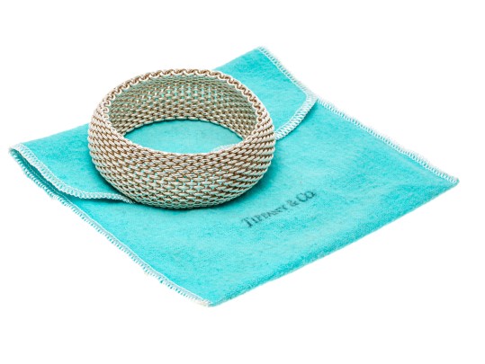 Tiffany & Co. Sterling Silver Striking Wide Bombe Mesh Slip On Bangle Bracelet, With Felt