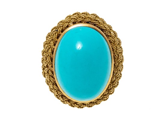 18k Yellow Gold Beautiful Vintage Oval Cabachon Turquoise Ring, Braided Edge, Size 6