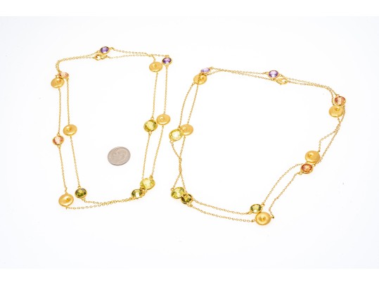 Pair Of Two Fabulous Colorful Opera Length Costume Jewelry Necklaces