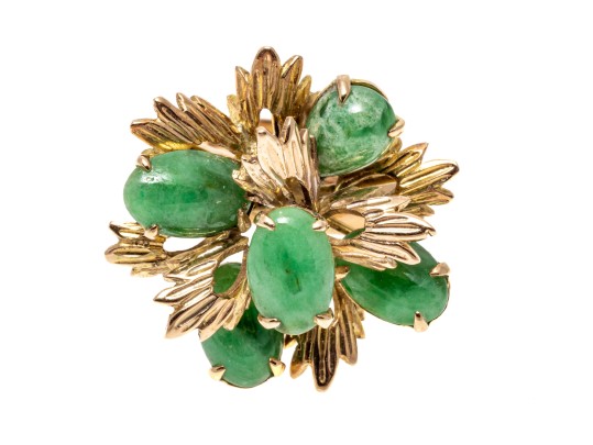 18k Yellow Gold Handsome Nephrite Jade And Foliate Cluster Ring, Size 6