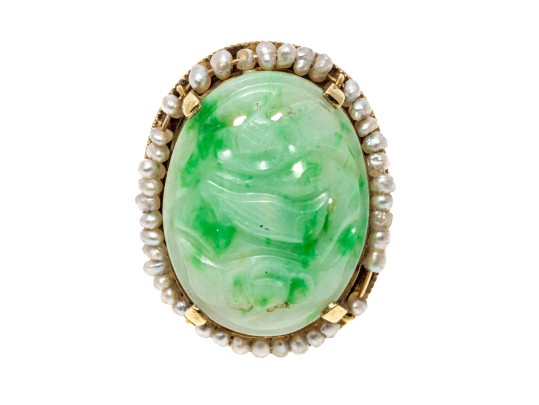 14k Gold Beautiful Vintage Pierced Green Jadeite Jade And Seed Pearl Ring, Size 6