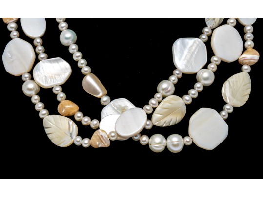 Pretty Triple Strand Mother-of-pearl And Cultured Freshwater Pearl Strand