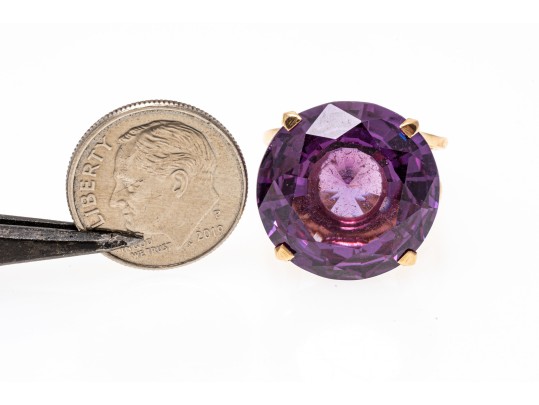 18k Yellow Gold Striking Large Vintage Synthetic Purple Sapphire Ring, Size 5.75