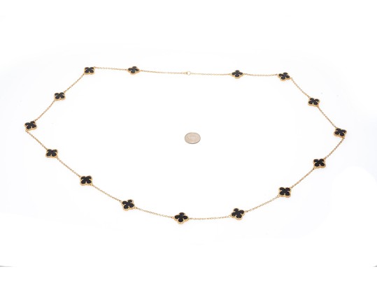 Sterling Silver Vermeil And Black Onyx Quadrefoil Form Opera Length Station Necklace