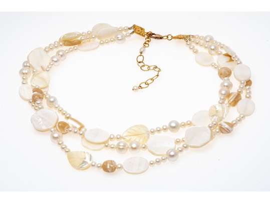 Pretty Triple Strand Mother-of-pearl And Cultured Freshwater Pearl Strand