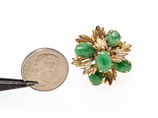 18k Yellow Gold Handsome Nephrite Jade And Foliate Cluster Ring, Size 6