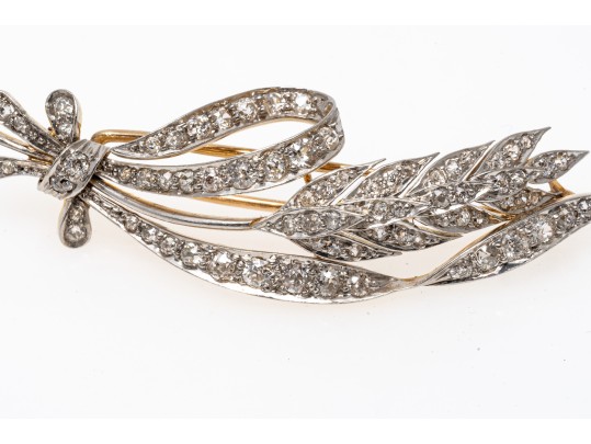 Platinum Topped And 14k Antique Diamond Wheat And Bow Motif Brooch, App. 1.42 TCW