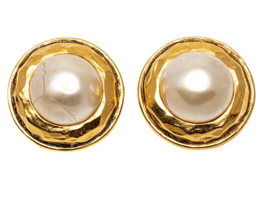 Chanel Striking Vintage Faux Mabe Pearl Costume Jewelry Earrings, With Box