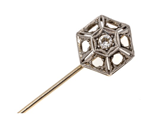 14k White Gold Vintage Filigree Top Stick Pin, Diamond Set, Approximately 0.10 CTS