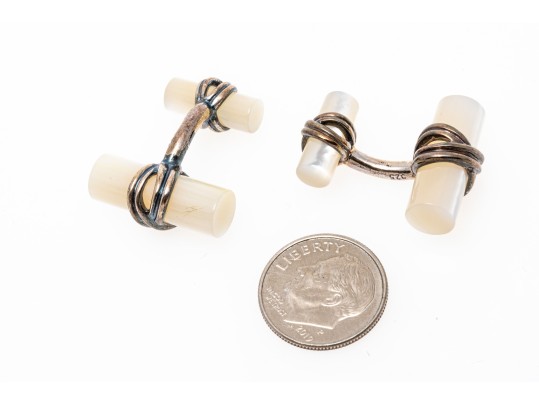 Tiffany & Co. Handsome Sterling Silver And Mother-of-pearl Cufflinks, Boxed