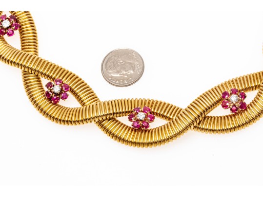 14k Magnificent Wide Heavy Vintage Snake Chain, Ruby And Diamond Cluster Choker
