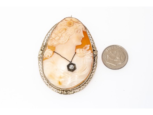 14k White And Yellow Gold Lot Of Two Large Vintage Cameo Brooches, One Diamond Set