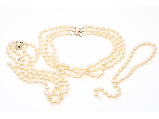 Majorica Pair Of Faux Pearl Triple Strand Necklaces, Boxed