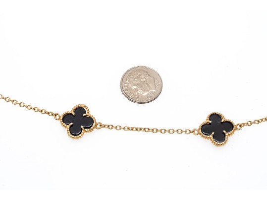 Sterling Silver Vermeil And Black Onyx Quadrefoil Form Opera Length Station Necklace