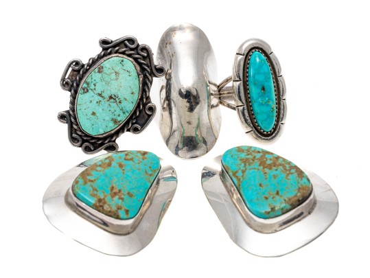 Sterling Silver Handsome Lot Of Assorted Southwestern Style Rings, Plus Earrings