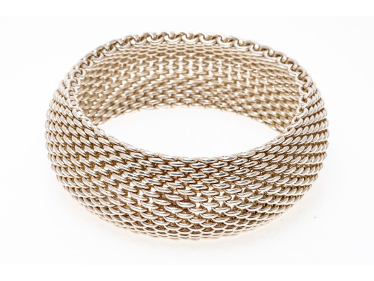 Tiffany & Co. Sterling Silver Striking Wide Bombe Mesh Slip On Bangle Bracelet, With Felt