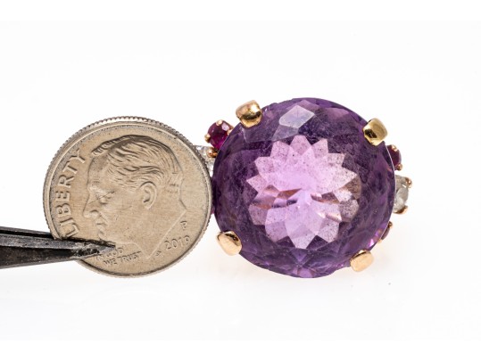 14k Yellow Gold Impactful Large Purple Amethyst, Diamond And Ruby Ring, Size 5.75