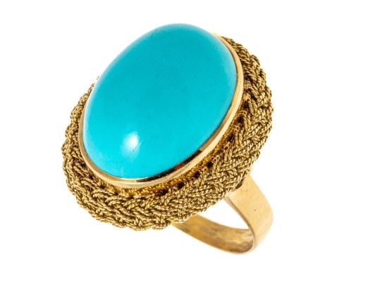 18k Yellow Gold Beautiful Vintage Oval Cabachon Turquoise Ring, Braided Edge, Size 6
